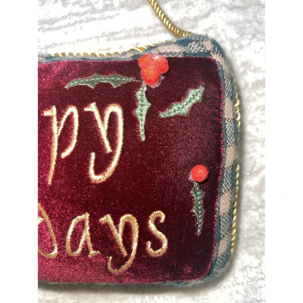 Mini Burgundy Velvet Happy Holidays Christmas Door Hanger Pillow Gold Cord Trim
